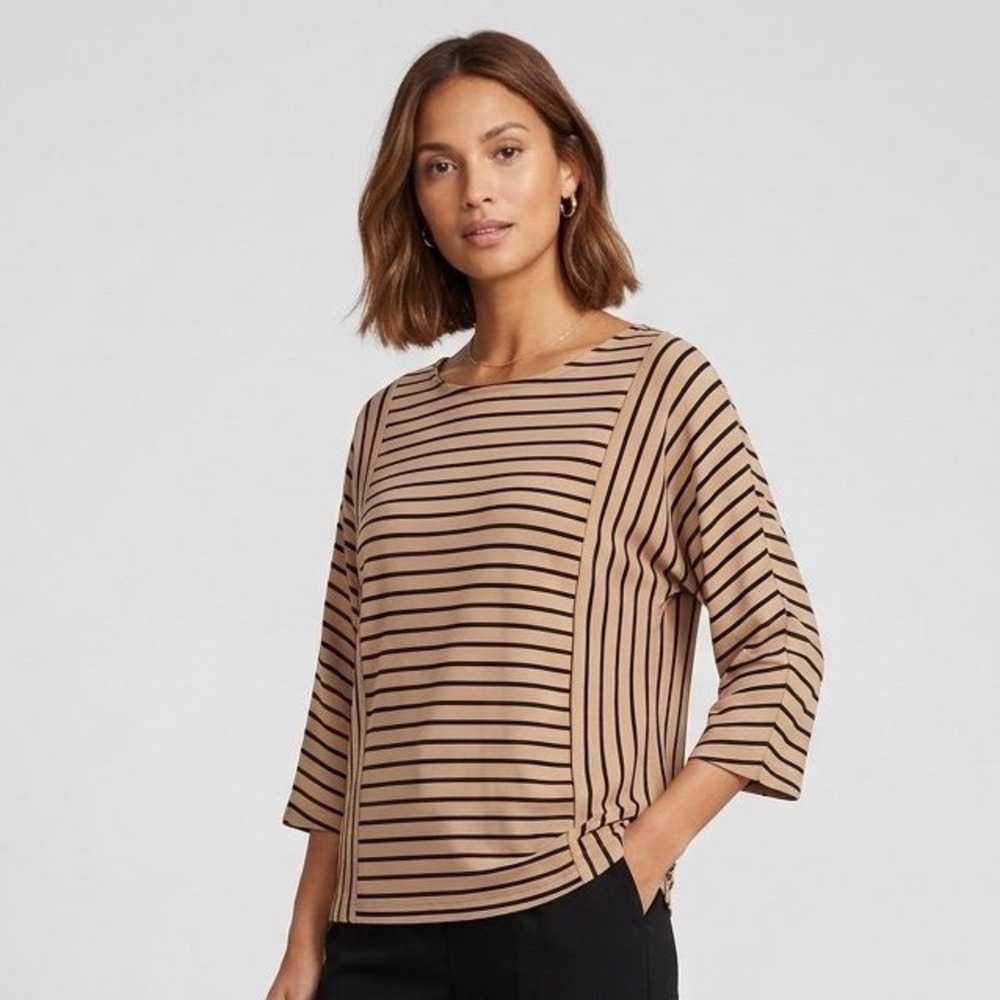 Chicos Tan Black Striped Boat Neck 3/4 Sleeve Top Size 1 M 8 Casual Oatmealcore
